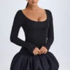 Vestito corto Delphi in Modal con scollo rotondo, vita bassa e orlo a palloncino, colore nero Vestito corto Delphi in Modal con scollo rotondo, vita bassa e orlo a palloncino, colore nero