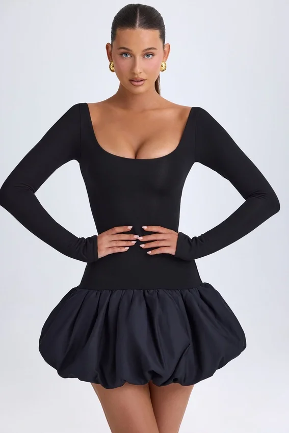 Vestito corto Delphi in Modal con scollo rotondo, vita bassa e orlo a palloncino, colore nero Vestito corto Delphi in Modal con scollo rotondo, vita bassa e orlo a palloncino, colore nero