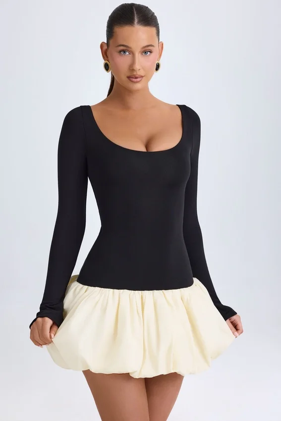 Vestito corto Delphi in Modal con scollo rotondo, vita bassa e orlo a palloncino, colore vaniglia Vestito corto Delphi in Modal con scollo rotondo, vita bassa e orlo a palloncino, colore vaniglia