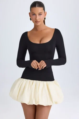 Vestito corto Delphi in Modal con scollo rotondo, vita bassa e orlo a palloncino, colore vaniglia Vestito corto Delphi in Modal con scollo rotondo, vita bassa e orlo a palloncino, colore vaniglia