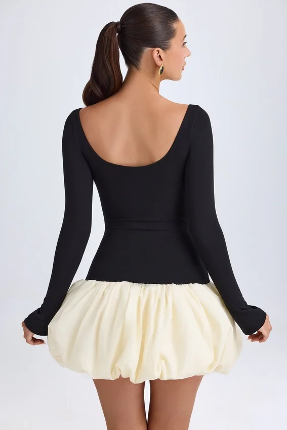 Vestito corto Delphi in Modal con scollo rotondo, vita bassa e orlo a palloncino, colore vaniglia Vestito corto Delphi in Modal con scollo rotondo, vita bassa e orlo a palloncino, colore vaniglia