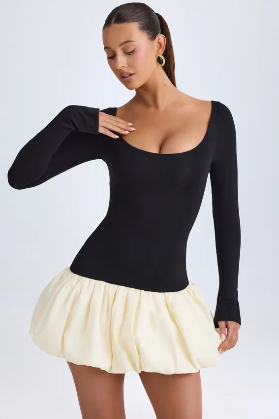Vestito corto Delphi in Modal con scollo rotondo, vita bassa e orlo a palloncino, colore vaniglia Vestito corto Delphi in Modal con scollo rotondo, vita bassa e orlo a palloncino, colore vaniglia