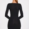 Vestito corto drappeggiato a maniche lunghe in modal a coste Elona, nero Vestito corto drappeggiato a maniche lunghe in modal a coste Elona, nero
