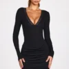 Vestito corto drappeggiato a maniche lunghe in modal a coste Elona, nero Vestito corto drappeggiato a maniche lunghe in modal a coste Elona, nero