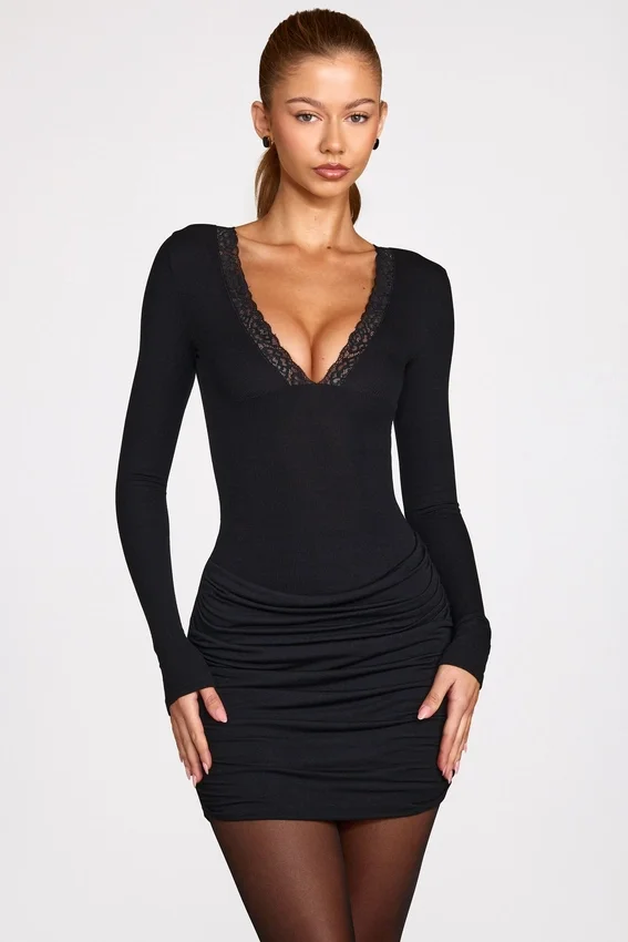 Vestito corto drappeggiato a maniche lunghe in modal a coste Elona, nero Vestito corto drappeggiato a maniche lunghe in modal a coste Elona, nero