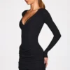 Vestito corto drappeggiato a maniche lunghe in modal a coste Elona, nero Vestito corto drappeggiato a maniche lunghe in modal a coste Elona, nero