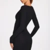 Vestito corto drappeggiato a maniche lunghe in modal a coste Elona, nero Vestito corto drappeggiato a maniche lunghe in modal a coste Elona, nero