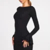 Vestito corto drappeggiato a maniche lunghe in modal a coste Helena, nero Vestito corto drappeggiato a maniche lunghe in modal a coste Helena, nero