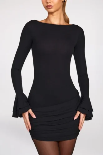Vestito corto drappeggiato a maniche lunghe in modal a coste Helena, nero Vestito corto drappeggiato a maniche lunghe in modal a coste Helena, nero