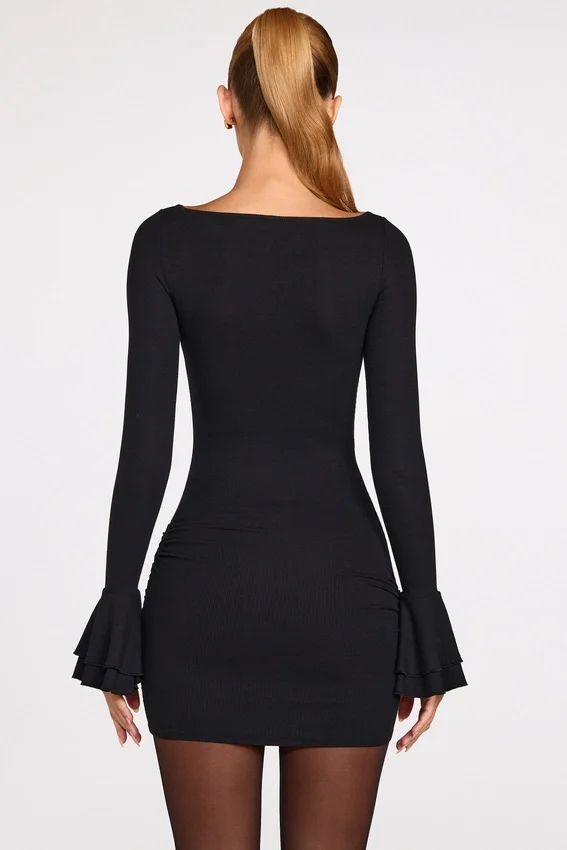 Vestito corto drappeggiato a maniche lunghe in modal a coste Helena, nero Vestito corto drappeggiato a maniche lunghe in modal a coste Helena, nero