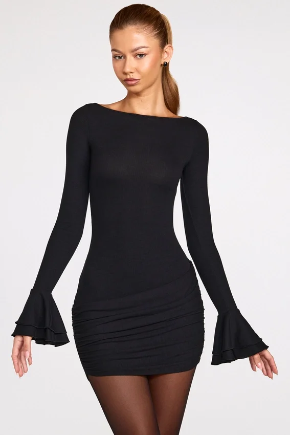 Vestito corto drappeggiato a maniche lunghe in modal a coste Helena, nero Vestito corto drappeggiato a maniche lunghe in modal a coste Helena, nero