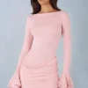 Vestito corto drappeggiato a maniche lunghe in modal a coste Helena, rosa cipria Vestito corto drappeggiato a maniche lunghe in modal a coste Helena, rosa cipria