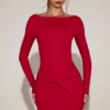 Vestito corto drappeggiato con scollo a barchetta in morbido jersey Briallen in rosso vero