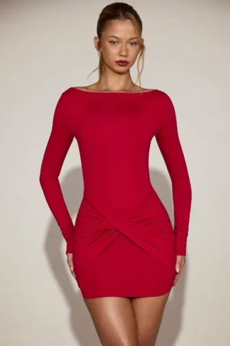 Vestito corto drappeggiato con scollo a barchetta in morbido jersey Briallen in rosso vero