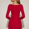 Vestito corto drappeggiato con scollo a barchetta in morbido jersey Briallen in rosso vero