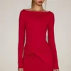 Vestito corto drappeggiato con scollo a barchetta in morbido jersey Briallen in rosso vero