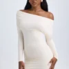 Vestito corto Elsa in modal con spalle scoperte e ruches, color avorio Vestito corto Elsa in modal con spalle scoperte e ruches, color avorio