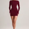 Vestito corto Eska in modal con scollo a barchetta, drappeggiato e maniche lunghe, color vino