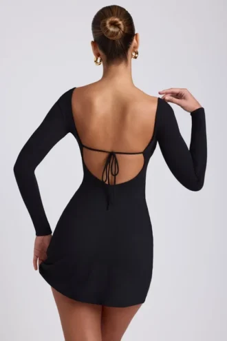 Vestito corto Hope in modal con scollo quadrato e maniche lunghe, colore nero