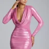 Vestito corto in jersey metallizzato a maniche lunghe Layla in rosa