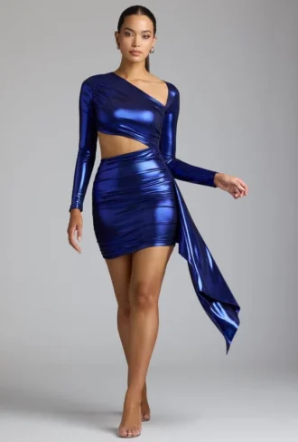 Vestito corto in jersey metallizzato con cut-out Nasira in blu elettrico