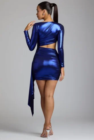Vestito corto in jersey metallizzato con cut-out Nasira in blu elettrico