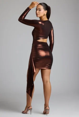 Vestito corto in jersey metallizzato con cut-out Nasira in rame bronzo