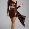 Vestito corto in jersey metallizzato con cut-out Nasira in rame bronzo