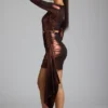 Vestito corto in jersey metallizzato con cut-out Nasira in rame bronzo