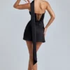 Vestito corto in raso drappeggiato con scollo all’americana Anastasia in nero