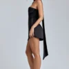Vestito corto in raso drappeggiato con scollo all’americana Anastasia in nero