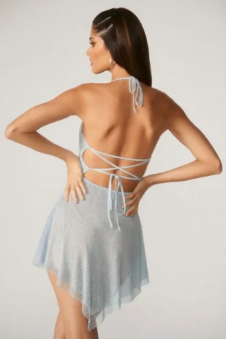Vestito corto Juni con allacciatura sul retro in pizzo decorato, colore acquamarina