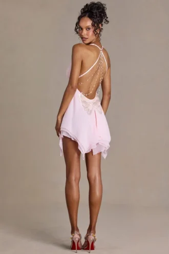 Vestito corto Mariette in chiffon premium con scollo a V e schiena scoperta in rosa confetto