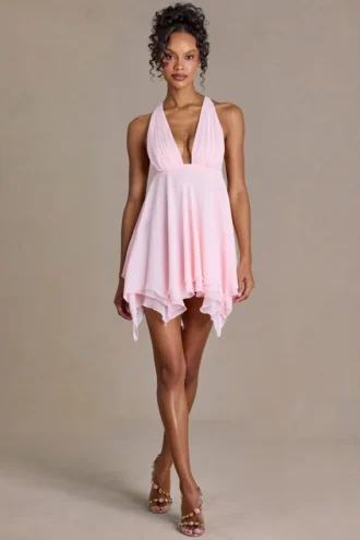 Vestito corto Mariette in chiffon premium con scollo a V e schiena scoperta in rosa confetto