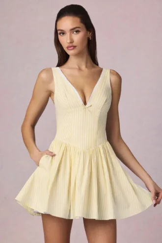 Vestito corto Marissa con dettaglio fiocco e linea ad A a righe giallo limone