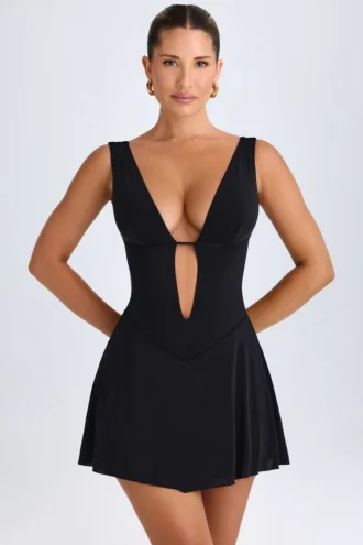 Vestito corto nero con scollo a V e cut-out Kalista