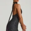 Vestito corto nero Henrietta con scollo all’americana e dettagli decorativi a forma di sciarpa