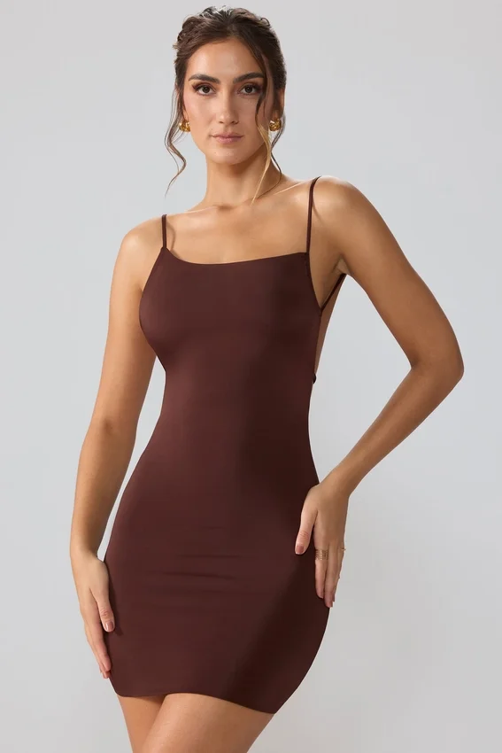 Vestito corto Orli in jersey elasticizzato con schiena scoperta, colore Espresso Vestito corto Orli in jersey elasticizzato con schiena scoperta, colore Espresso