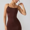Vestito corto Orli in jersey elasticizzato con schiena scoperta, colore Espresso Vestito corto Orli in jersey elasticizzato con schiena scoperta, colore Espresso