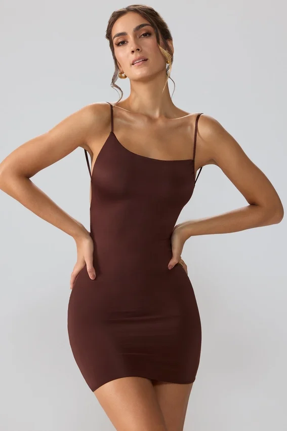 Vestito corto Orli in jersey elasticizzato con schiena scoperta, colore Espresso Vestito corto Orli in jersey elasticizzato con schiena scoperta, colore Espresso