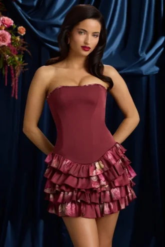 Vestito corto senza spalline con corpetto a balze e stampa floreale marrone Vestito corto senza spalline con corpetto a balze e stampa floreale marrone