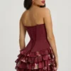 Vestito corto senza spalline con corpetto a balze e stampa floreale marrone
