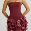 Vestito corto senza spalline con corpetto a balze e stampa floreale marrone