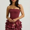 Vestito corto senza spalline con corpetto a balze e stampa floreale marrone