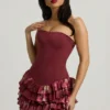 Vestito corto senza spalline con corpetto a balze e stampa floreale marrone