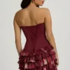 Vestito corto senza spalline con corpetto a balze e stampa floreale marrone