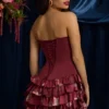 Vestito corto senza spalline con corpetto a balze e stampa floreale marrone