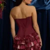 Vestito corto senza spalline con corpetto a balze e stampa floreale marrone