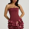 Vestito corto senza spalline con corpetto a balze e stampa floreale marrone