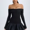 Vestito corto Serra in modal con spalle scoperte e orlo a palloncino, colore nero Vestito corto Serra in modal con spalle scoperte e orlo a palloncino, colore nero